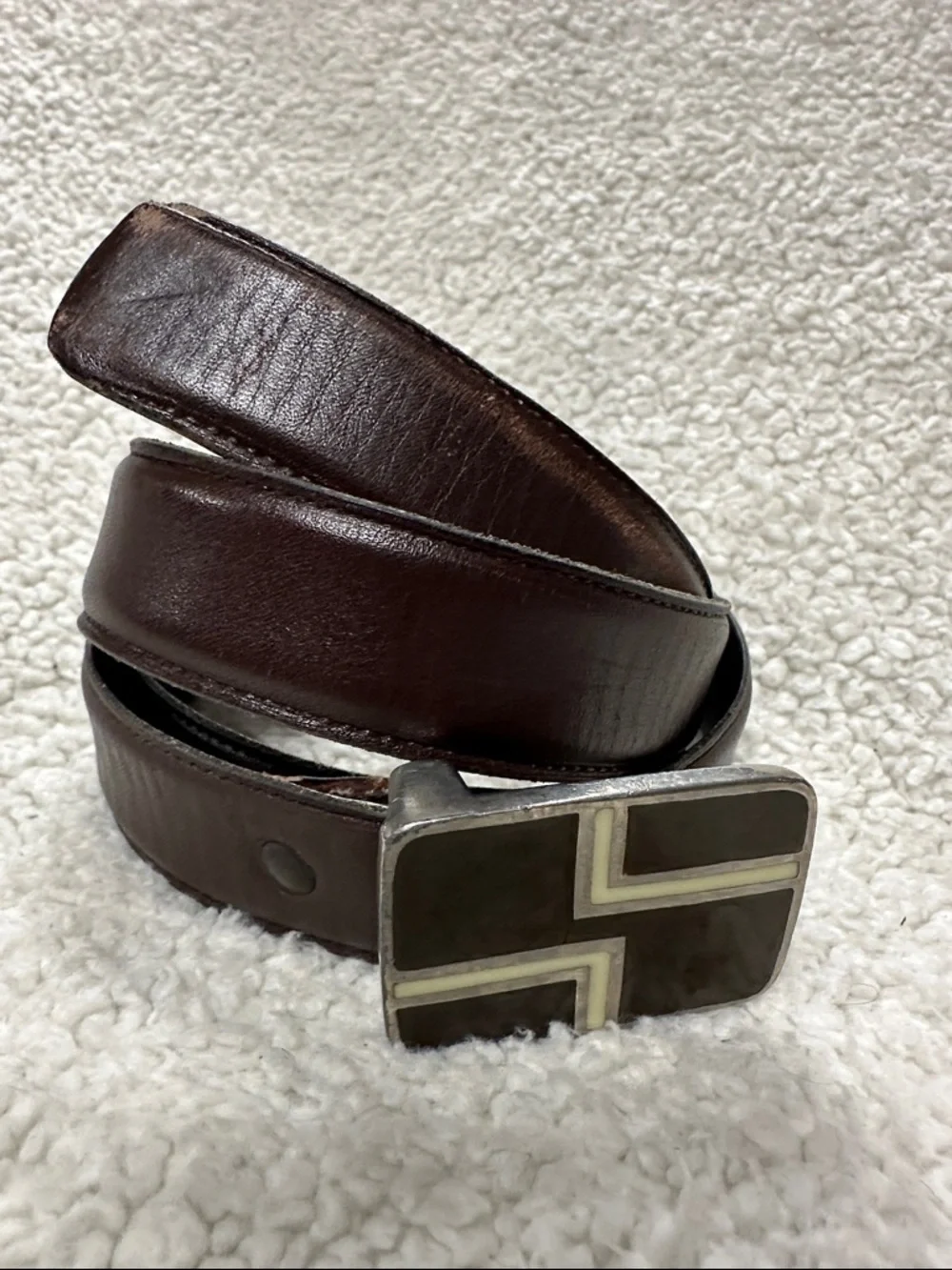 Slim Brown Belt with Geometric Inlay in Silver Tone Buckle